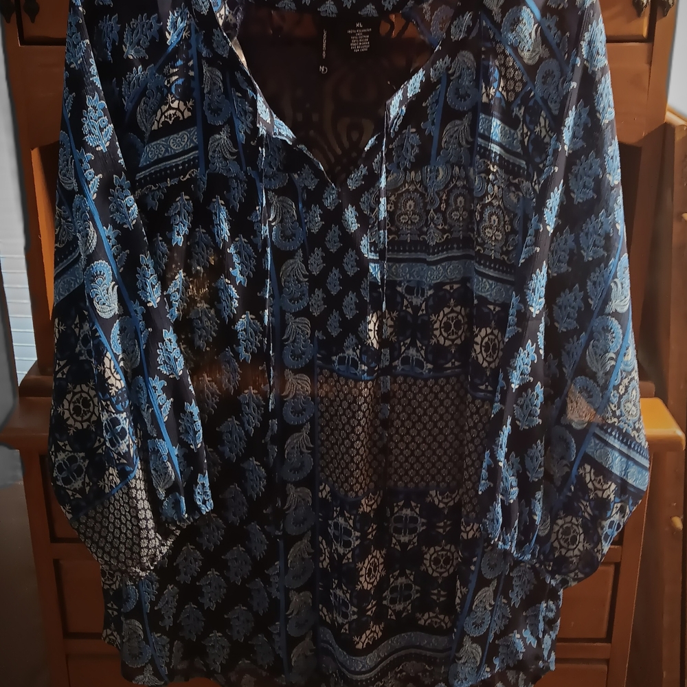 New Directions Navy and  Black V Neck Blouse